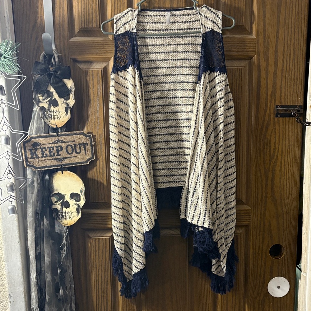Vanity Navy and Cream Sleeveless Open Crochet Cardigan with Fringe
